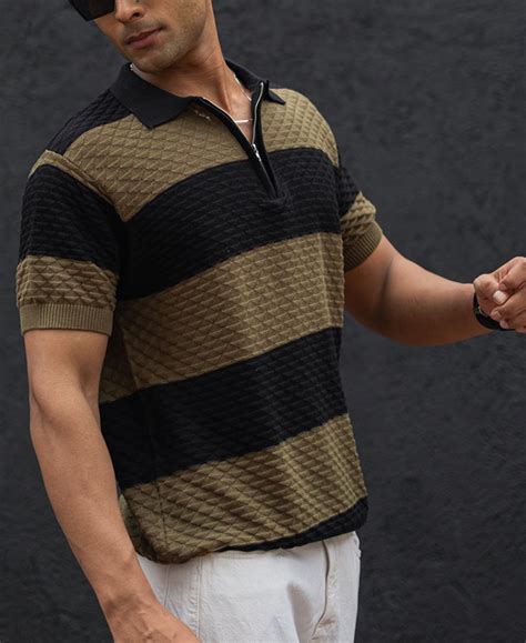Olive Green and Black Structured Striped Regular Half Sleeves T Shirt ...