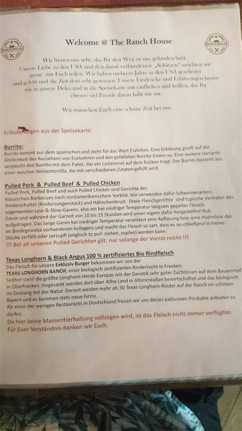 Speisekarte von The Ranch House restaurant, Kerken