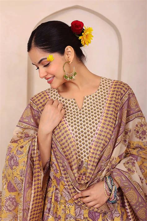 Yellow Floral Hand Printed Anarkali Kurta Set with Dupatta – Gulab ...
