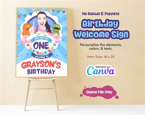 Ms Rachel Birthday Welcome Sign, Birthday Decoration, Songs for Littles ...