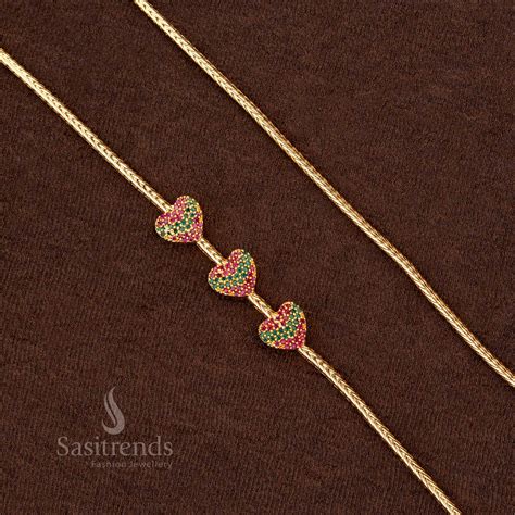Guaranteed Gold Plated AD Stones Trio Heart Mugappu Chain - Sasitrends