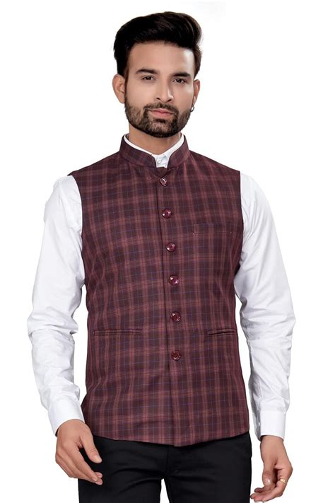 Buy UTSAV Mens Checked Sleeveless Nehru Jacket with 1 welt & 2 slip ...