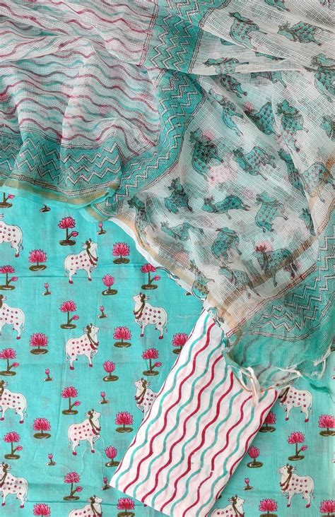 (PICHWAI) Jaipuri Printed Cotton Suit with Cotton Kota Doria dupattaa ...