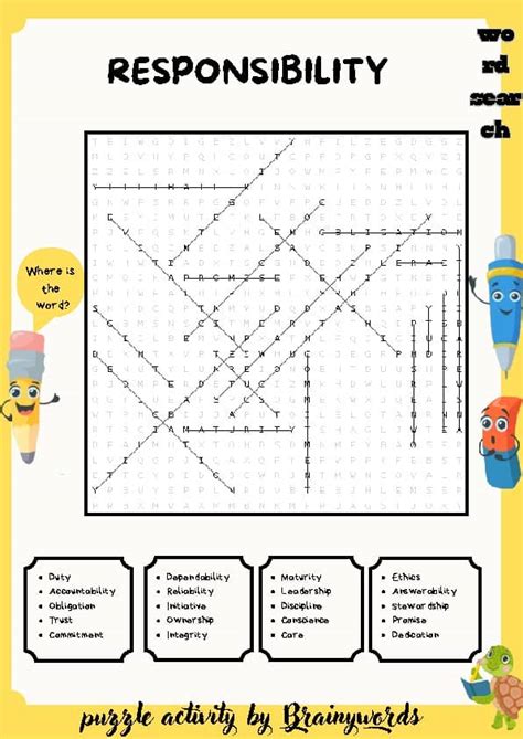 Responsibility word search puzzle worksheet activity by BrainyWords ...