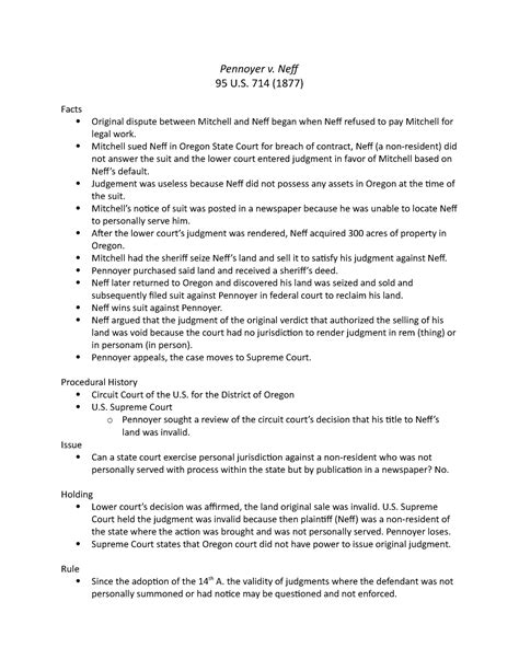 Pennoyer v Neff Case Brief - Pennoyer v. Nef 95 U. 714 (1877) Facts ...