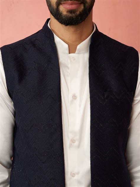 Men's Navy Blue Maharaja Jacquard Nehru Jacket – vastramay