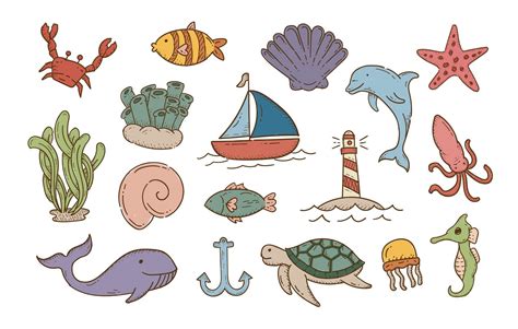cute sea animals sets, doodle sketch, ocean life, vector hand drawn ...