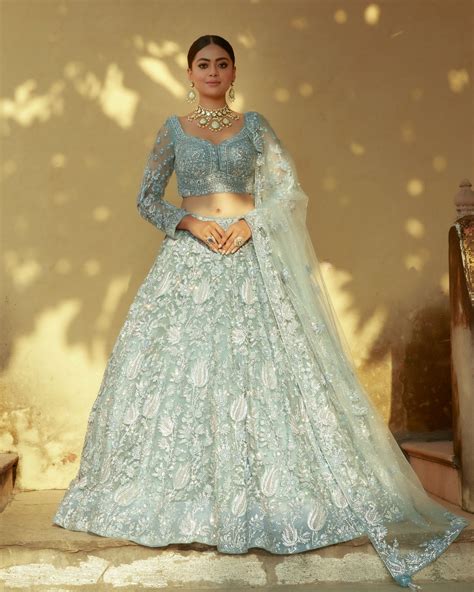 Light Blue Lehenga Set In Net With Heavy Embroidery Of Floral Jaal Wor