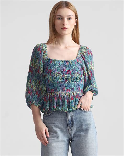 Blue & Green Printed Smocked Top