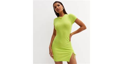 Light Green Ribbed Ruched Side Mini Dress | New Look