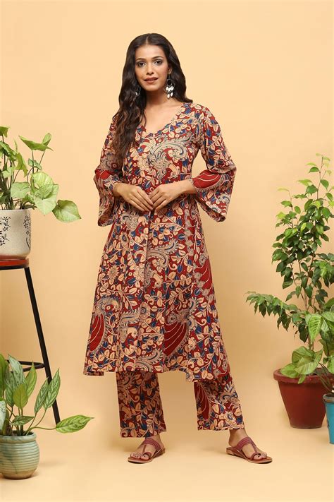 Sanchi Rust Red Kalamkari Cotton Kurta Trousers Set – Handikart Online ...