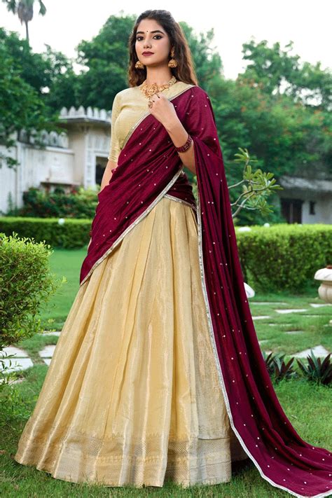 Kanchipuram Cream Colour Half Saree For South Indian Women - Anaya ...