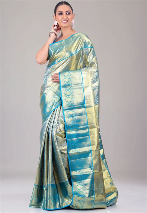 Rama Green Tissue Kanjivaram Pure Silk Saree With Blouse Piece