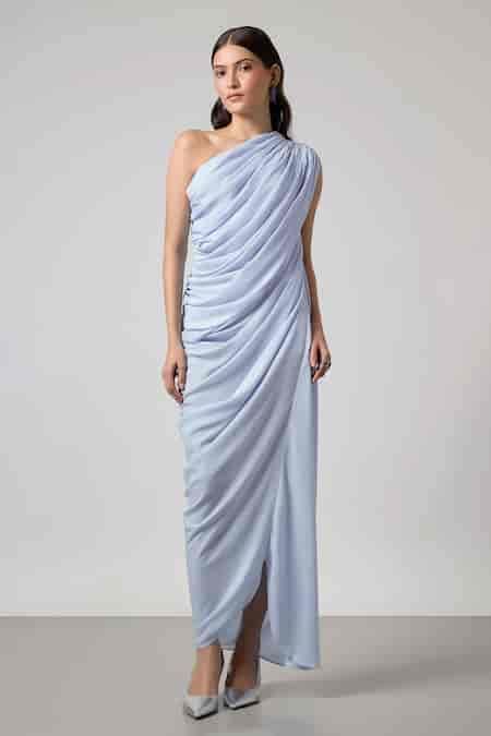 Buy Blue Georgette Off-shoulder Off Cowl Gown With Drape For Women by ...