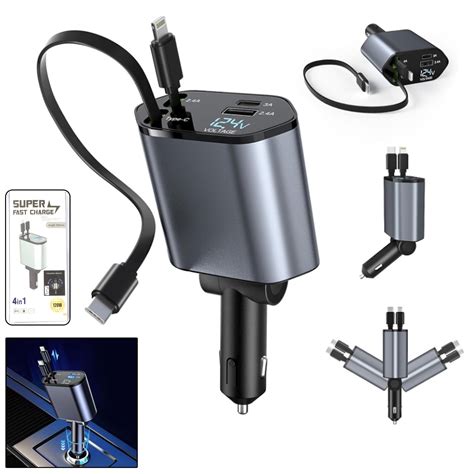 4-in-1 Super Fast Car Charger with Dual Built-In Cables, Dual USB Port ...