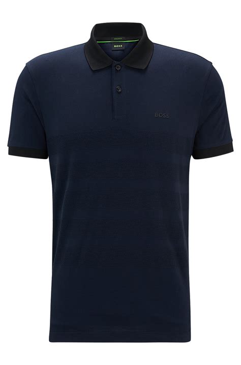 BOSS - Cotton polo shirt with popcorn-structure stripe - Dark Blue