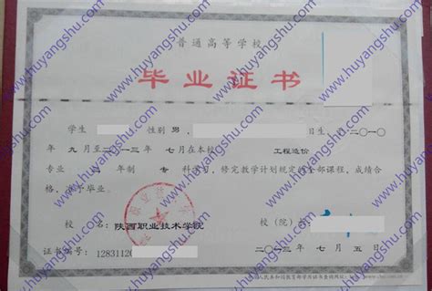 陕西职业技术学院毕业证样本-胡杨树样本网