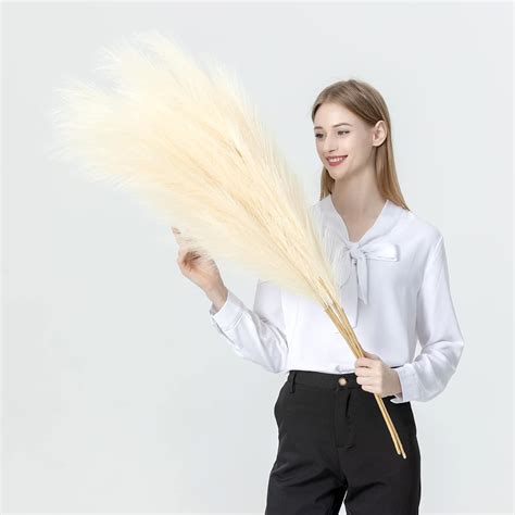 Buy Faux Pampas Grass Decor Large Artificial Pampas Grass 4 Stems-Beige ...