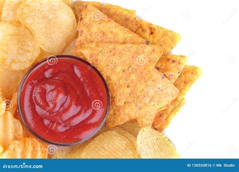 Different Types of Chips with Red Sauce on a White Isolated Background ...