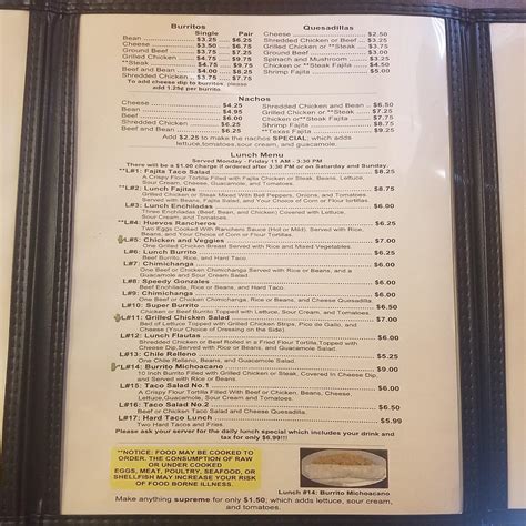 Menu at La Michoacana Mexican Restaurant, Hampton, Bear Creek Blvd
