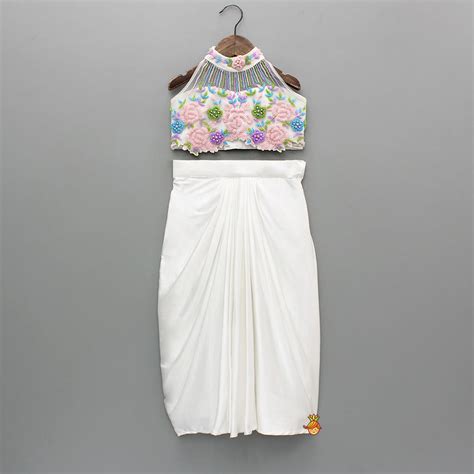 Pre Order: White Embroidered Embellished Halter Neck Top With Dhoti St