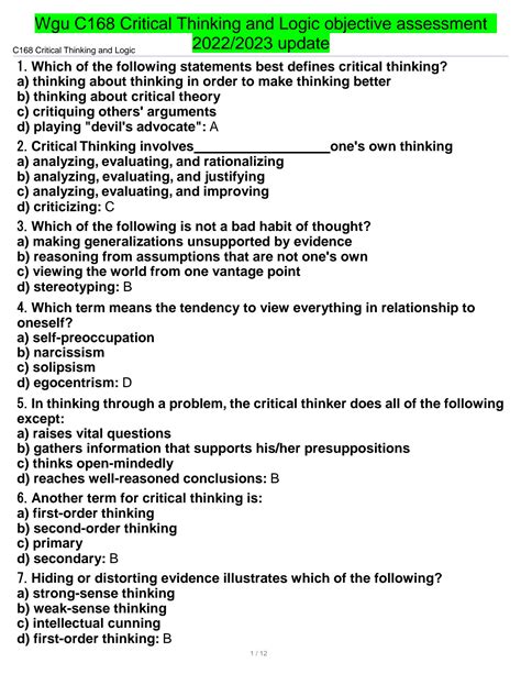 SOLUTION: Wgu c168 critical thinking and logic objective assessment oa ...