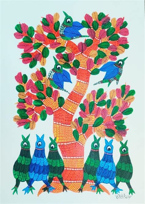 "Birds Under The Tree 4": Orange Gond Traditional_Art by Choti Gond ...