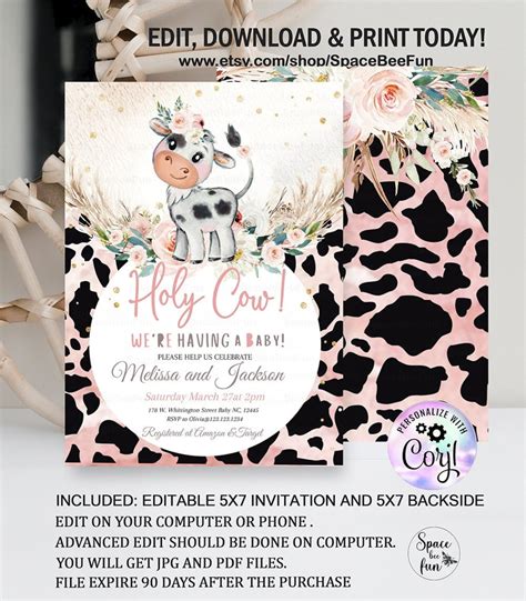 Buy EDITABLE Holy Cow Baby Shower Invitation Cow Boho Pampas Grass Farm ...