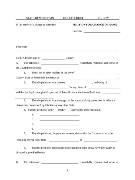 Wisconsin Name Change Petition - Blank Fillable Template | Fill Out ...