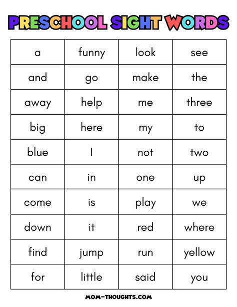 Learning Preschool Sight Words - Preprimer Dolch List & Printables ...