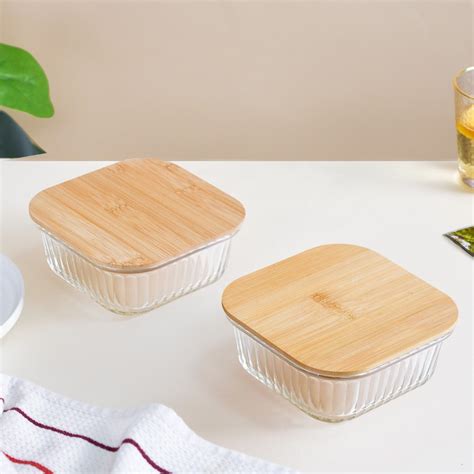 Large Airtight Glass Storage Container With Wooden Lid Set Of 2 800ml ...