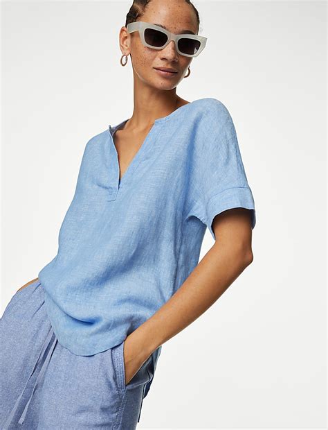 Buy Pure Linen V-Neck Popover Blouse at Marks & Spencer