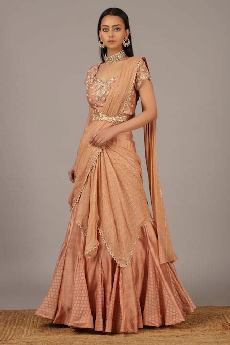 Buy Pink Chanderi Brocade, Silk Georgette Leaf Neck Embroidered Lehenga ...