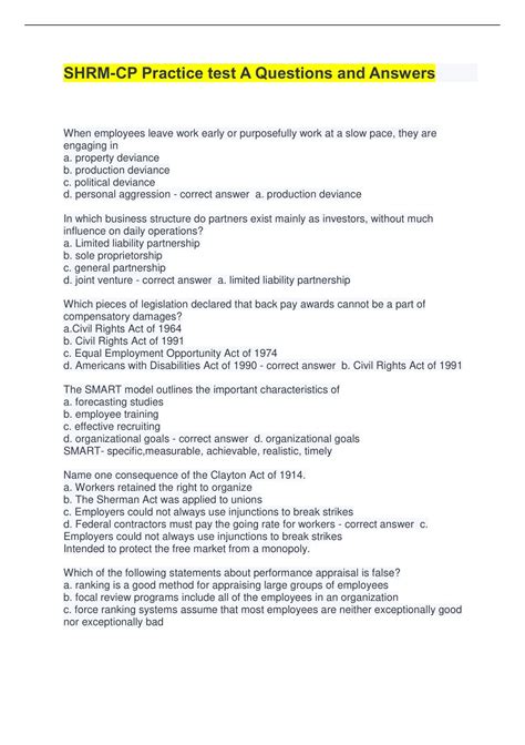 SHRM-CP Practice test A Questions and Answers - SHRM-CP - Stuvia US