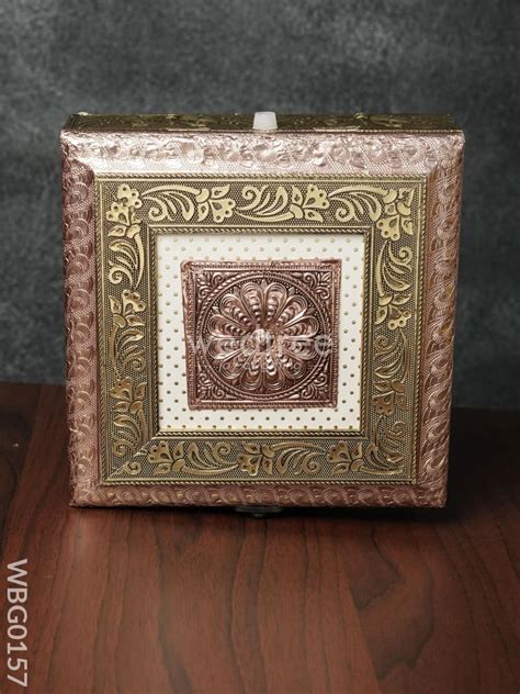 Oxidised Golden Embossed Dry Fruit Box with Floral and Peacock Design ...