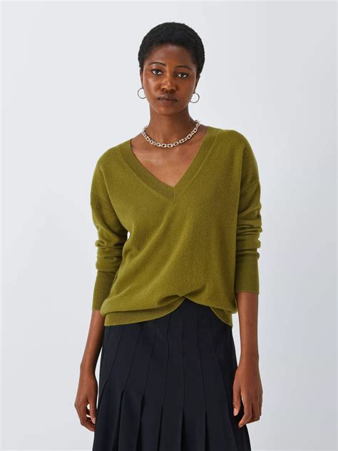 John Lewis Cashmere Relaxed V-Neck Jumper, Olive
