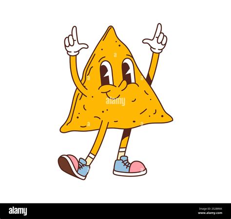 Cartoon groovy fast food nachos chip character. Mexican fast food salty ...