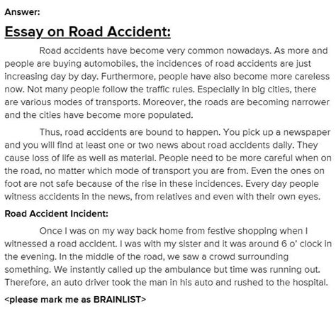 eassy a road accident narrative eassy write only 3 paragraph - Brainly.in