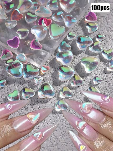 100pcs Aurora Ice Transparent Heart Changing Color Nail Charm Mixed ...