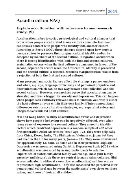 Saq-acculturation 3 - Psychology SAQ Answer practise - Paper 1: SCA ...