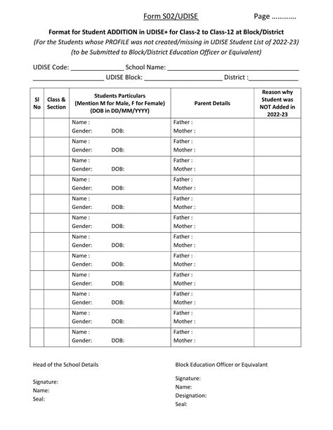 SO2 फॉर्मेट: Format for Student ADDITION in UDISE+ for Class-2 to Class ...