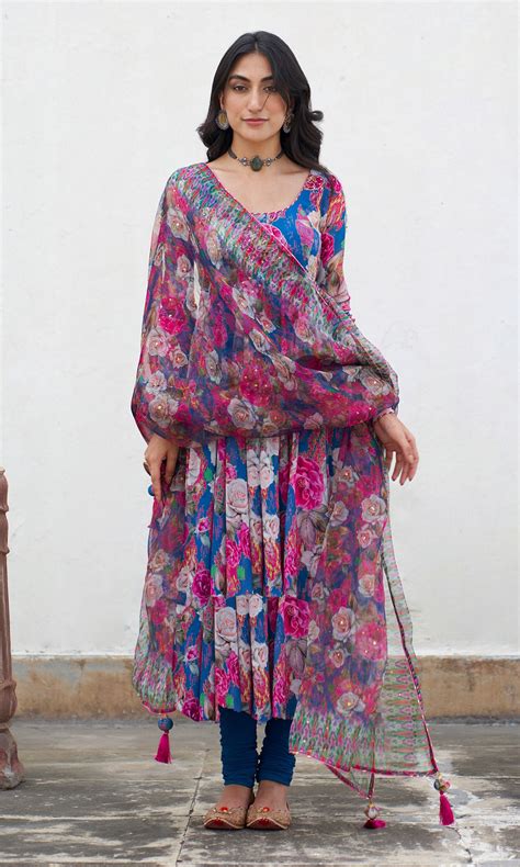 Drzya by Ridhiee Surii | Buy Gulafsha Blue Ikat Floral Anarkali With ...