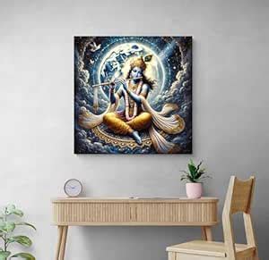 999STORE Divine Krishna with Flute under Full Moon Canvas-Wrapped ...