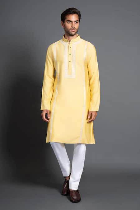 Buy Yellow Silk Embroidered Geometric Panelled Kurta For Men by ...