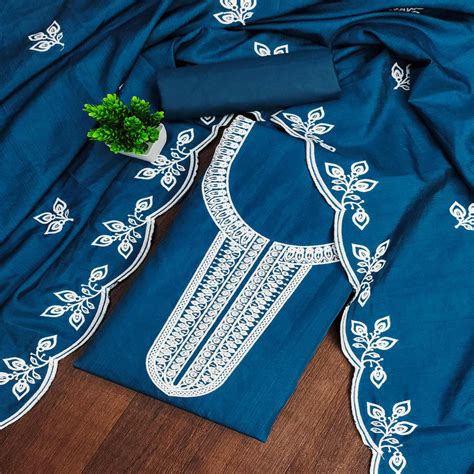 Blue Intricate Floral Embroidered Cotton Blend Dress Material