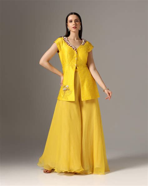 Yellow Raw Silk & Chiffon Stone Embroidered Jacket Set – Yashodhara
