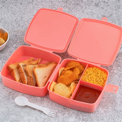 Double-Layer Square Lunch Box with Spoon , 4 Compartment Tiffin & Push ...