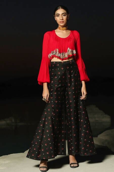 Buy Red Wrinkle Crepe Round Puff Sleeve Crop Top For Women by Pallavi ...