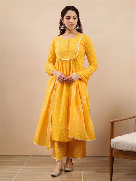Buy Yellow Hand Block Printed Cotton Suit - Set of 3 | FLSRO009/FABL8 ...