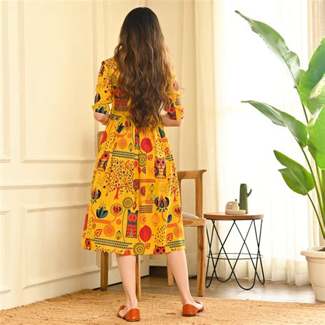 Buy Yellow Abstract Print Flared Dress | Rustorange